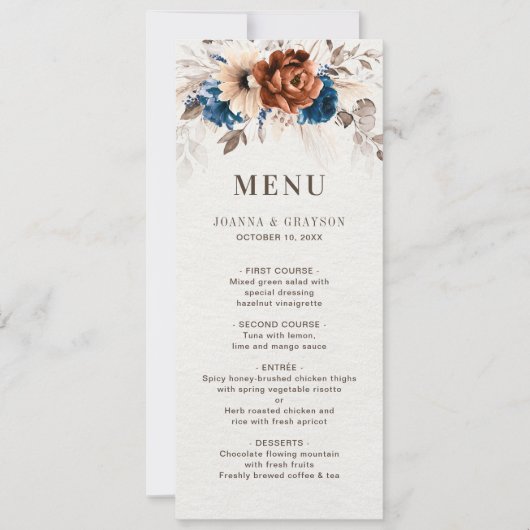 Terracotta Navy Blue Botanical Wedding Menu Card Einladung (Vorderseite)