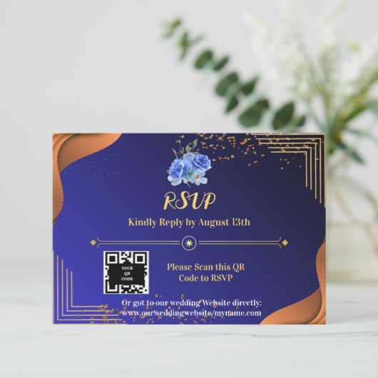 Terracotta Navy Blue Elegante RSVP Karte (Stehend Vorderseite)