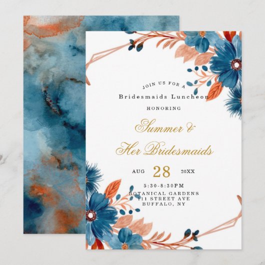 Terracotta Navy Blue Floral Bridesmais Luncheon Einladung (Vorne/Hinten)