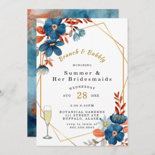 Terracotta Navy Blue Floral Brunch und Bubbly Einladung (Vorne/Hinten)