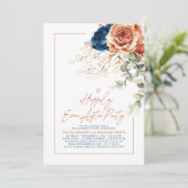 Terracotta & Navy Blue Floral Engagement Party Einladung (Stehend Vorderseite)