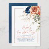 Terracotta & Navy Blue Floral Engagement Party Einladung (Vorne/Hinten)