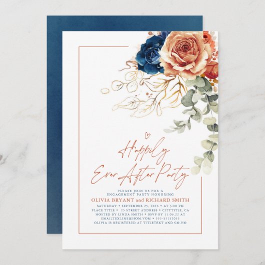 Terracotta & Navy Blue Floral Engagement Party Einladung (Vorne/Hinten)
