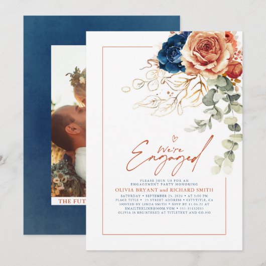 Terracotta & Navy Blue Floral Engagement Party Einladung (Vorne/Hinten)