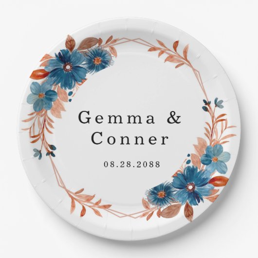 Terracotta Navy Blue Floral Wedding Pappteller (Vorderseite)