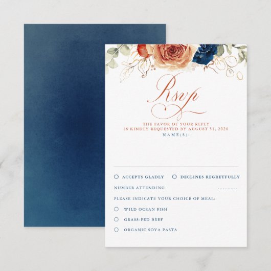 Terracotta Navy Blue Flowers Wedding RSVP Karte (Vorne/Hinten)