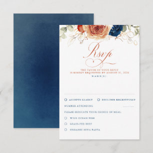 Terracotta Navy Blue Flowers Wedding RSVP Karte