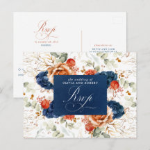 Terracotta Navy Blue Flowers Wedding RSVP