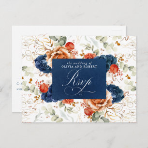 Terracotta Navy Blue Flowers Wedding RSVP Postkarte