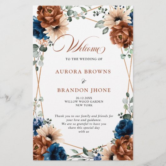 Terracotta Navy Blue Geometric Wedding Program (Vorderseite)