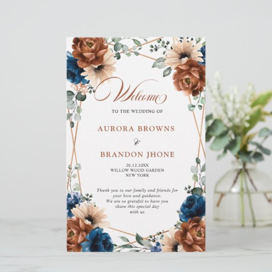 Terracotta Navy Blue Geometric Wedding Program (Stehend Vorderseite)