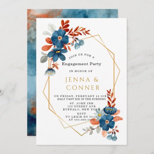 Terracotta Navy Blue Gold Flor Engagement Party Einladung (Vorne/Hinten)