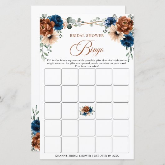 Terracotta Navy Blue Greenery Brautparty Bingo (Vorne/Hinten)