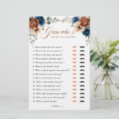 Terracotta Navy Blue Greenery Brautparty Game (Stehend Vorderseite)