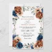 Terracotta Navy Blue Greenery Chic QR Code Wedding Einladung (Vorderseite)