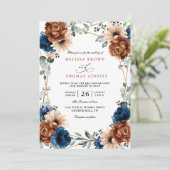 Terracotta Navy Blue Greenery Chic QR Code Wedding Einladung (Stehend Vorderseite)
