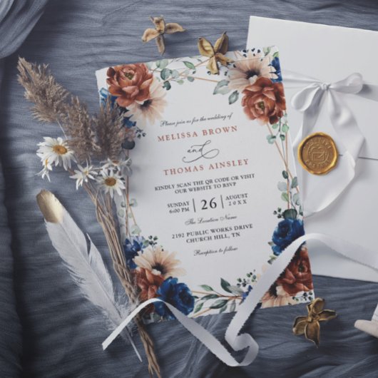 Terracotta Navy Blue Greenery Chic QR Code Wedding Einladung