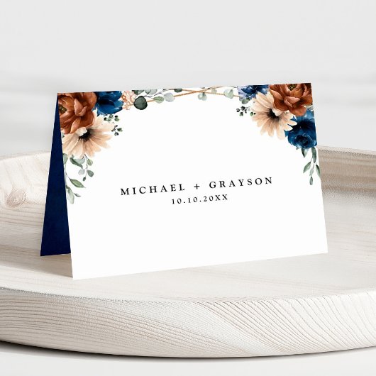 Terracotta Navy Blue Greenery Geometric Guest Name Tischnummer