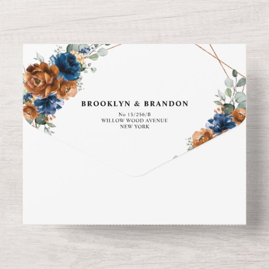 Terracotta Navy Blue Greenery Geometric Wedding All In One Einladung (Rückseite)