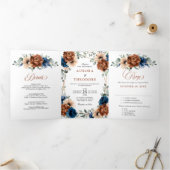 Terracotta Navy Blue Greenery Geometric Wedding Dreifach Gefaltete Ankündigung (Innenseite)