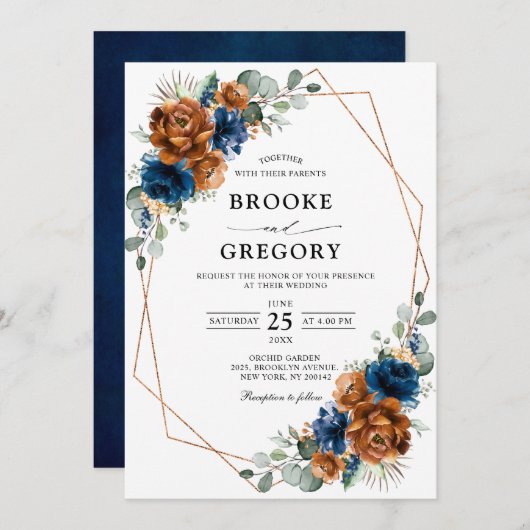 Terracotta Navy Blue Greenery Geometric Wedding Einladung (Vorne/Hinten)