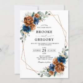 Terracotta Navy Blue Greenery Geometric Wedding Einladung