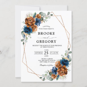 Terracotta Navy Blue Greenery Geometric Wedding Einladung
