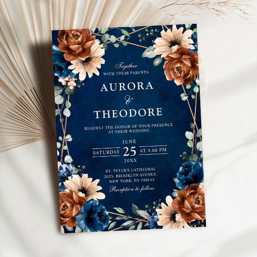 Terracotta Navy Blue Greenery Geometric Wedding in Einladung