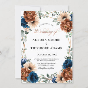 Terracotta Navy Blue Greenery Geometric Wedding in Einladung