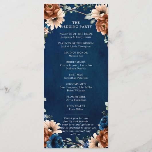 Terracotta Navy Blue Greenery Geometric Wedding Pr Programm (Rückseite)