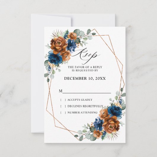 Terracotta Navy Blue Greenery Geometric Wedding RS RSVP Karte (Vorderseite)