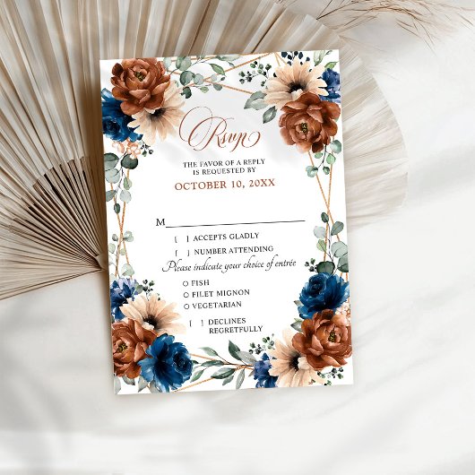 Terracotta Navy Blue Greenery Geometric Wedding RS RSVP Karte