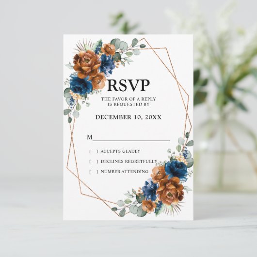 Terracotta Navy Blue Greenery Geometric Wedding RSVP Karte (Stehend Vorderseite)