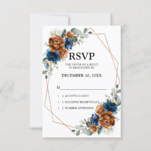 Terracotta Navy Blue Greenery Geometric Wedding RSVP Karte
