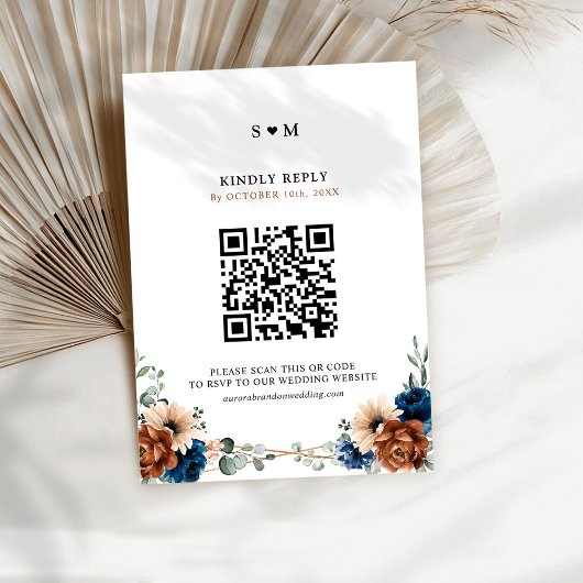 Terracotta Navy Blue Greenery Geometric Wedding RSVP Karte