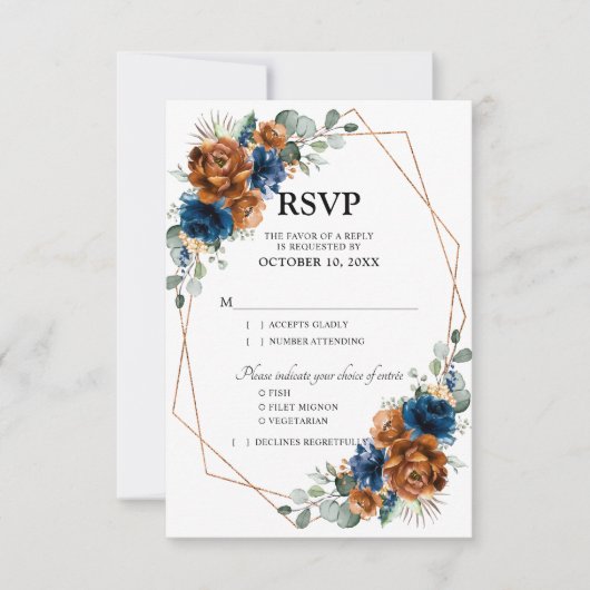 Terracotta Navy Blue Greenery Geometric Wedding RSVP Karte (Vorderseite)