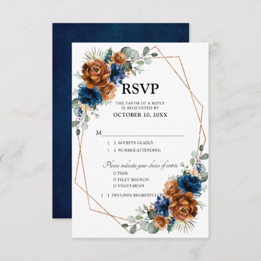 Terracotta Navy Blue Greenery Geometric Wedding RSVP Karte (Vorne/Hinten)