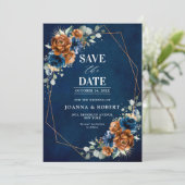 Terracotta Navy Blue Greenery Geometric Wedding Sa Save The Date (Stehend Vorderseite)