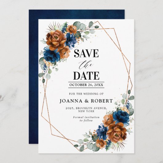 Terracotta Navy Blue Greenery Geometric Wedding Sa Save The Date (Vorne/Hinten)