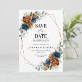 Terracotta Navy Blue Greenery Geometric Wedding Sa Save The Date (Stehend Vorderseite)
