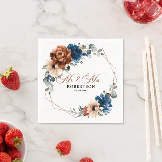 Terracotta Navy Blue Greenery Geometric Wedding Serviette (Beispiel)