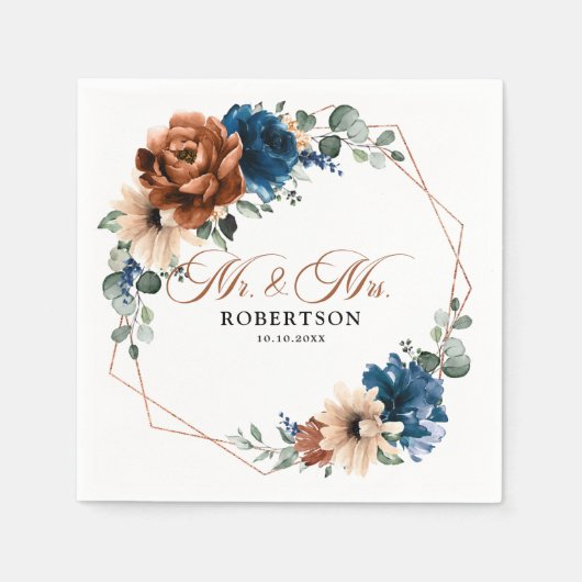 Terracotta Navy Blue Greenery Geometric Wedding Serviette (Vorderseite)