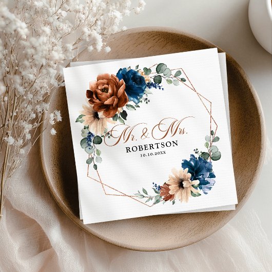 Terracotta Navy Blue Greenery Geometric Wedding Serviette