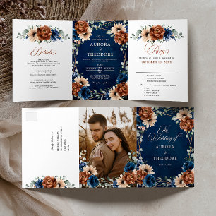 Terracotta Navy Blue Greenery Geometric Wedding Tr Dreifach Gefaltete Ankündigung