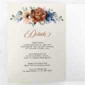 Terracotta Navy Blue Greenery Geometric Wedding Tr Dreifach Gefaltete Ankündigung (Innen Erste Seite)