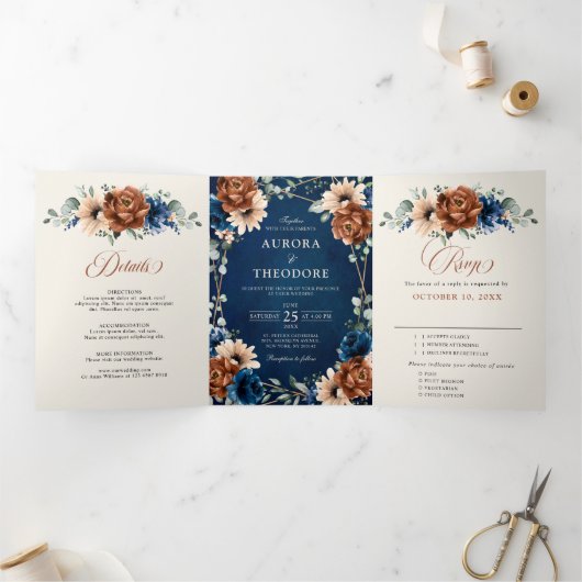 Terracotta Navy Blue Greenery Geometric Wedding Tr Dreifach Gefaltete Ankündigung (Innenseite)