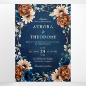 Terracotta Navy Blue Greenery Geometric Wedding Tr Dreifach Gefaltete Ankündigung (Innenseite Mitte)