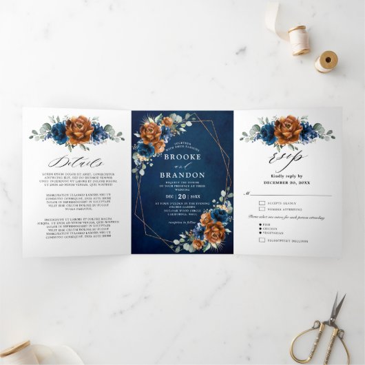 Terracotta Navy Blue Greenery Geometric Wedding Tr Dreifach-gefaltete Programmkarte (Innenseite)