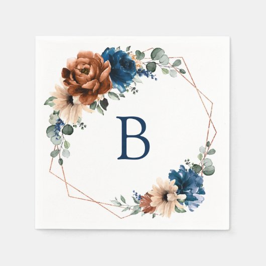 Terracotta Navy Blue Greenery Monogram Wedding Serviette (Vorderseite)
