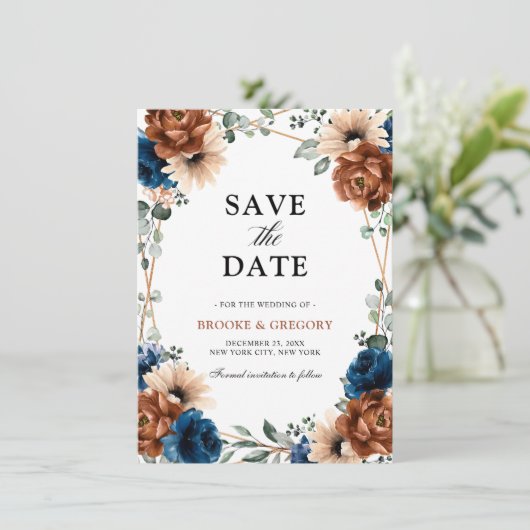 Terracotta Navy Blue Greenery Save the Date (Stehend Vorderseite)
